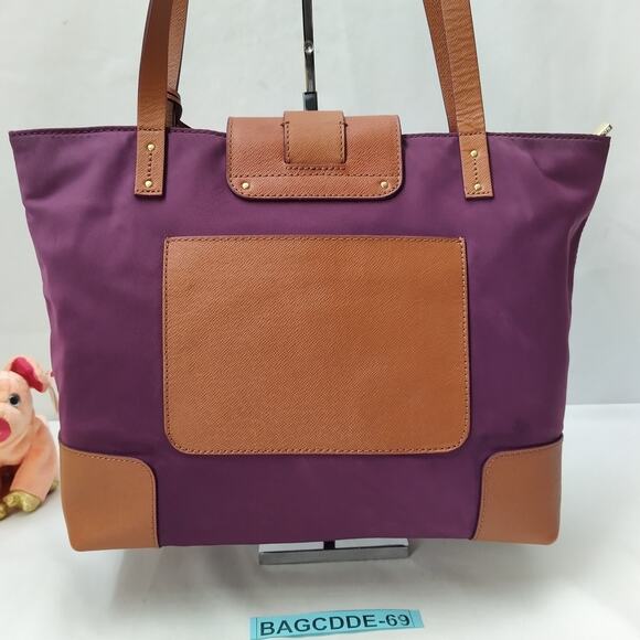 Tory Burch Purple Nylon Brown Leather Trim Double Handle Satchel Shoulder Bag - Picture 2 of 16